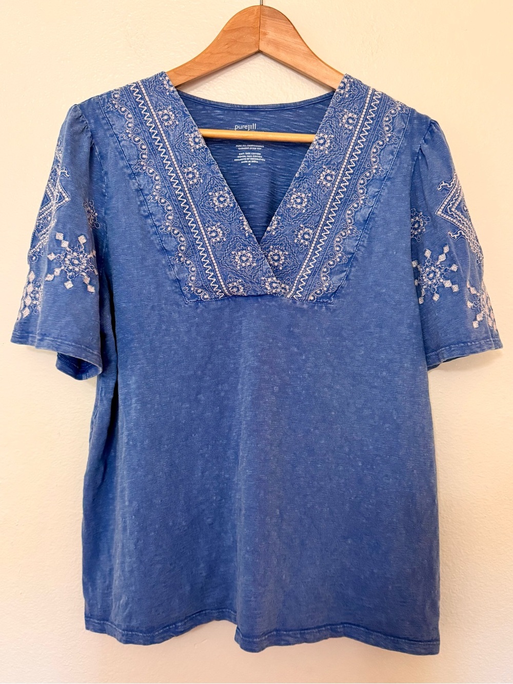 Pure J. Jill Embroidered Garment Dyed Blue Cotton Top Medium Boho India